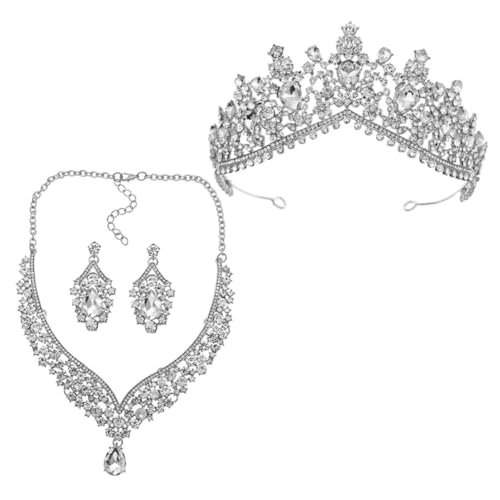 WOFASHPURET Brautschmuck Set Silberfarbenes Schmuckset Damen mit Funkelnden Strass Ohrringen Halskette und Krone für Hochzeit Party und Geburtstag von WOFASHPURET