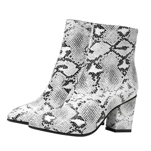 WOFASHPURET Chunky Heels Damen Stiefeletten mit Reißverschluss Elegante Weiße High Heel Schuhe Modische Kurze Boots mit Spitzem Zehenbereich Stabiler Absatz Komfortabel für Alltag und Party von WOFASHPURET