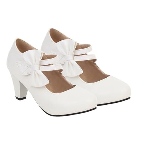 WOFASHPURET Damen High Heels mit Schleife Chunky Absatz Weiße Elegante Pumps rutschfeste Sohle Modische Sommerschuhe für Mädchen Stilvolle Ballerina Schuhe von WOFASHPURET