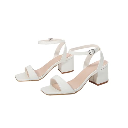 WOFASHPURET Damen Sandalen Weiß Blockabsatz Sandaletten mit Quadratischer Spitze Rutschfeste Sohle Sommer Schuhe für Freizeit Strand und Urlaub Modisch und Komfortabel von WOFASHPURET