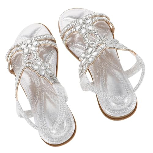 WOFASHPURET Damen Sandalen mit Strasssteinen Leichte Atmungsaktive Sommerschuhe Bequeme Vielseitige Freizeit Sandalen für Strand Shopping und Reisen Silberfarben von WOFASHPURET