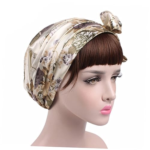 WOFASHPURET Damen Satin Turban Mit Druck Kopftuch Mit Schleifen Design Elastische Haube Für Chemo Und Alltag Beiger Farbton Stilvolle Kopf Bedeckung Für Erwachsene von WOFASHPURET