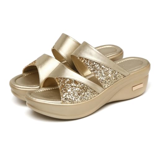 WOFASHPURET Damen Sommer Slipper mit Dicker Plateau sohle Stylische Fischmaul Keilsandalen Bequeme Outdoor Freizeit Hausschuhe für Frauen Goldfarben Modische Mom Shoes von WOFASHPURET
