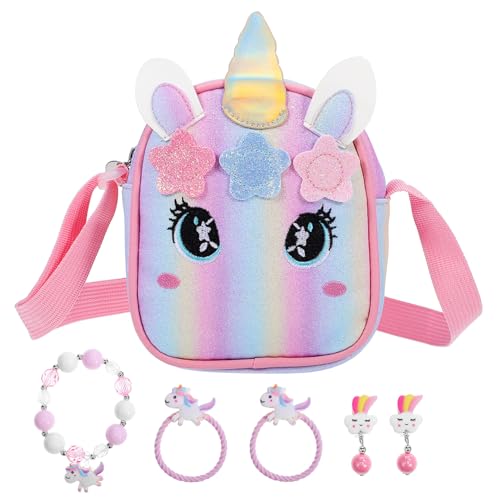 WOFASHPURET Einhorn Handtasche Mit Schmuckset Cartoon-geldbörse Süße Umhängetasche Mit Verstellbarem Riemen Tier-geldbörse Für Damen von WOFASHPURET