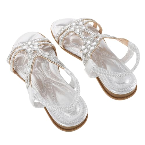 WOFASHPURET Flache Damen Sandalen mit Funkelnden Strasssteinen Bequeme Sommerschuhe für Freizeit und Shopping Stilvolle Silberne Zehentrenner Modische Schmuck Sandalen für Alltag und Urlaub von WOFASHPURET