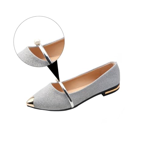 WOFASHPURET Flache Damen Schuhe Spitz mit Perlen Modische Nude Ballerinas Sommer Flach Eleganter Damenschuh für Schule Büro Alltag Kombinierbar zu Kleid Jeans Silber von WOFASHPURET