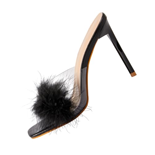 WOFASHPURET Fluffy Decor Damen Sandalen mit Dünnem Absatz Quadratischer Zehenpartie Transparente Sommerpantoletten Vielseitig Kombinierbar zu Jeans und Röcken Komfortabel und Modisch Schwarz von WOFASHPURET