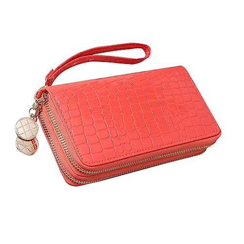 WOFASHPURET Portable Pu Leder Geldbörse Für Damen Lange Reißverschluss Brieftasche Wassermelonenrot Mit RFID-Schutz Großes Fassungsvermögen Für Karten Münzen Und Bargeld von WOFASHPURET