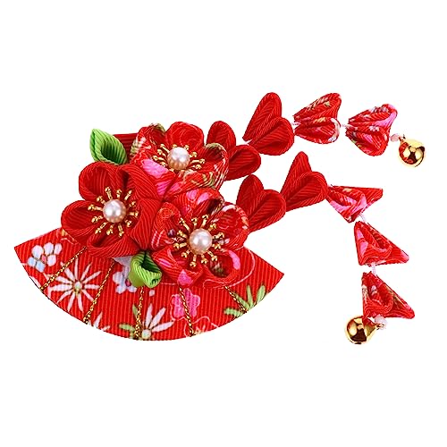 WOFASHPURET Quaste Glocke Haarschmuck Kopfschmuck mit Quasten rote Haarspange kinder haarschmuck hair accessories for Schmücken Kostüm für Kinder Haarspange in Fächerform Kimono-Stil von WOFASHPURET