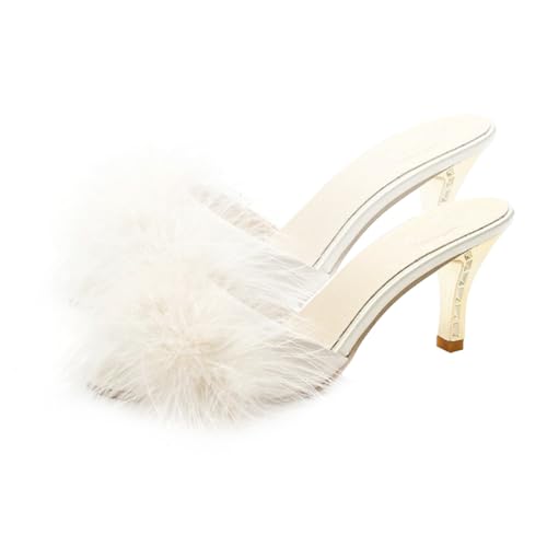 WOFASHPURET Sommerliche Damen Slippers mit Mittlerer Polsterung Bequeme Weiße Beige High Heel Sandalen Atmungsaktiv und Elegant für Alltag Büro und Shopping Damenschuhe von WOFASHPURET