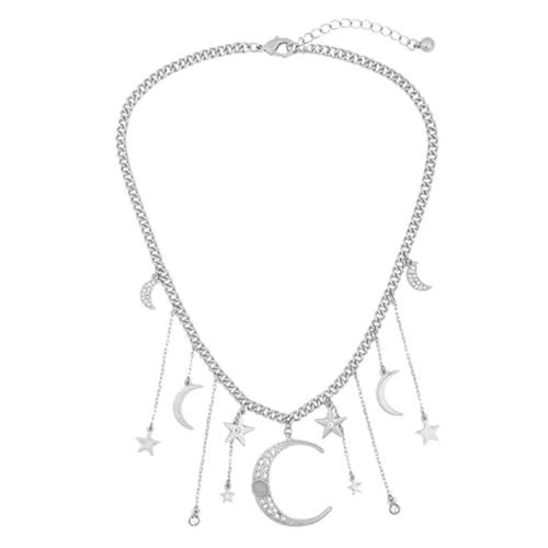 WOFASHPURET Star Moon Schlüsselbein Kette mit Funkelndem Strass und Zartem Quastenanhänger Halskette für Mädchen für Festivals und Partys Silberfarbene Metallkette von WOFASHPURET