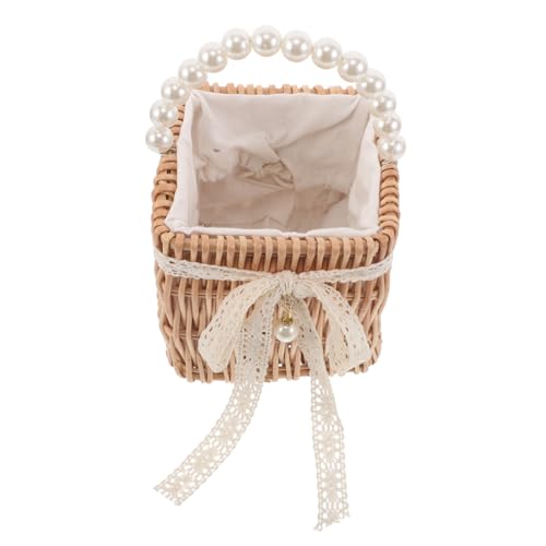 WOFASHPURET Vintage Rattan Handbag mit Perlenbesatz Quadratische Geflochtene Damen Tasche mit Schleifen Detail Leichte Boho Körbchen Schultertasche für Hochzeit Sommer und Strandurlaub von WOFASHPURET