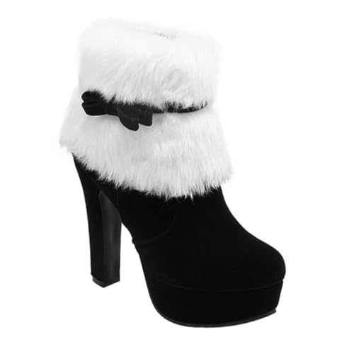 WOFASHPURET Weihnachtliche Damen Ankle Boots Winterstiefel mit Hohem Absatz Dicker Sohle und Plüschfutter Kuschelig Warm Dekorative Schleife Rutschfeste Kurze Stiefeletten für Kalte Tage von WOFASHPURET