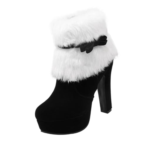 WOFASHPURET Weihnachtliche Damen Winterstiefel mit Plüschfutter Hoher Absatz Dicker Plateau-sohle Rutschfest Knöchelhoch Warm und Modisch für Festtage und Alltag Schwarz von WOFASHPURET