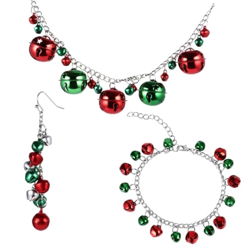 WOFASHPURET Weihnachtsschmuck Set Glocken Halskette Armband Ohrringe Verstellbar Rot Grün Langlebig Festlich für Erwachsene Kreatives Design Passend zu Weihnachtskostümen von WOFASHPURET