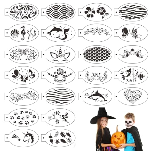 24 Stücks Tattoo Schablonen Kinder Wiederverwendbare Schablonen für Gesicht und Körper Tattoo Schablonen temporäre Tattoos für Kinder Halloween Urlaub Party Make-up Körperkunstmalerei von WOFEU