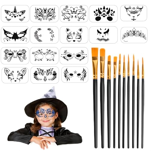 26 Stücks Gesichtsmalerei Schablonen Set, wiederverwendbare Gesichtsmalerei Schablonen temporäre Tattoos Körper Malerei Schablonen mit 10 Zeichnung Stifte für Kinder Halloween Urlaub Party Make-up von WOFEU
