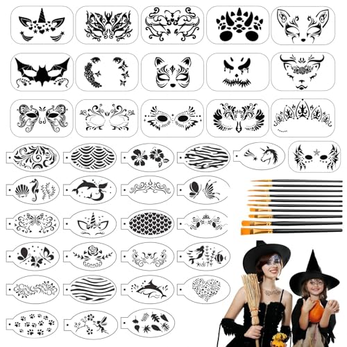 50 Stück Gesichtsmalerei Schablonen Set, wiederverwendbare Gesichtsmalerei Schablonen Temporäre Tattoos Körper Malerei Schablonen mit 10 Zeichnung Stifte für Kinder Halloween Urlaub Party Make-up von WOFEU