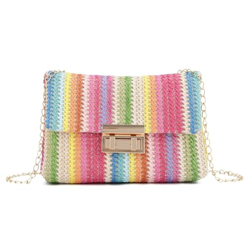 WOG2008 Gestreifte Stroh-Clutch für Damen, bunt, gewebt, Umhängetasche, Sommer, Crossbody-Tasche, Pink von WOG2008