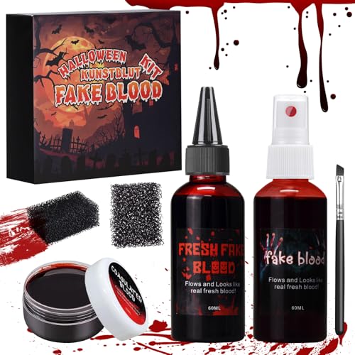 Halloween Kunstblut Schminke Set, 60ml Kunstblut Spray + 60ml Tropfendes Kunstblut + 30ml Geronnenes Blutplasma + 2 Schwamm +1 Schminkpinsel, Fake Blood Auswaschbar für Zombie, Vampire, Cosplay von WOGOPRO