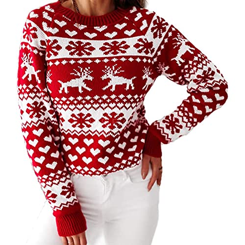 Damen Weihnachtspullover Reindeer Rundhalsausschnitt Drucken Lange Sleeve Weihnachten Sweatshirt Jumper Weihnachtspulli Gestrickt Weihnachten Winter Pullover Christmas Sweater,A,S von WOGQX