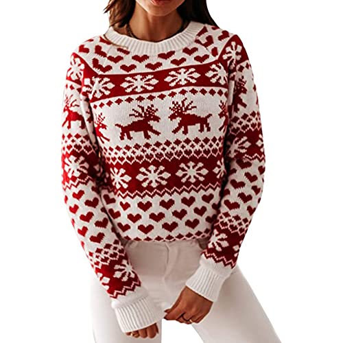 Damen Weihnachtspullover Reindeer Rundhalsausschnitt Drucken Lange Sleeve Weihnachten Sweatshirt Jumper Weihnachtspulli Gestrickt Weihnachten Winter Pullover Christmas Sweater,B,S von WOGQX