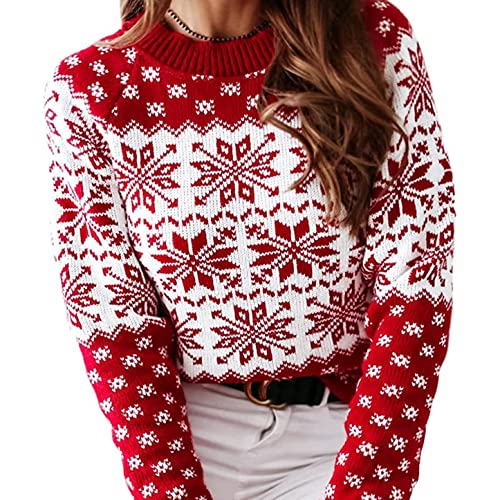 Damen Weihnachtspullover Reindeer Rundhalsausschnitt Drucken Lange Sleeve Weihnachten Sweatshirt Jumper Weihnachtspulli Gestrickt Weihnachten Winter Pullover Christmas Sweater,C,L von WOGQX