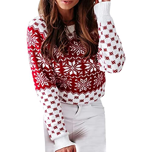 Damen Weihnachtspullover Reindeer Rundhalsausschnitt Drucken Lange Sleeve Weihnachten Sweatshirt Jumper Weihnachtspulli Gestrickt Weihnachten Winter Pullover Christmas Sweater,D,L von WOGQX