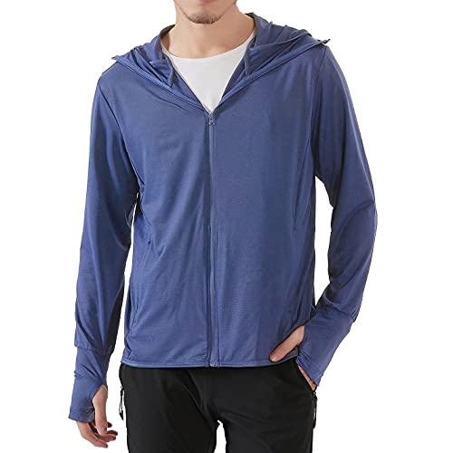 WOGQX Herren Sonnenschutz Zip Up Jacke UPF 50+ Sommer Herbst Kapuzen Langarmshirts Outdoor Wandern Angeln Shirts mit Taschen,Dark blue,3XL von WOGQX