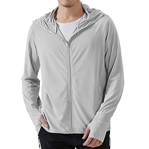 WOGQX Herren Sonnenschutz Zip Up Jacke UPF 50+ Sommer Herbst Kapuzen Langarmshirts Outdoor Wandern Angeln Shirts mit Taschen,Grau,L von WOGQX