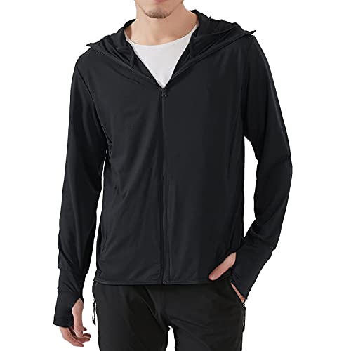 WOGQX Herren Sonnenschutz Zip Up Jacke UPF 50+ Sommer Herbst Kapuzen Langarmshirts Outdoor Wandern Angeln Shirts mit Taschen,Schwarz,L von WOGQX