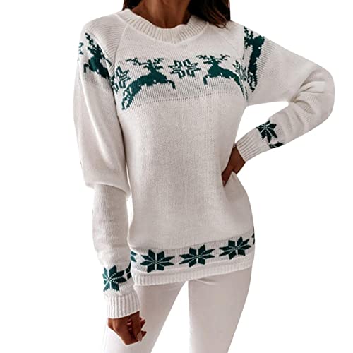 WOGQX Weihnachtspullover Damen Reindeer Rundhalsausschnitt Drucken Lange Sleeve Weihnachten Sweatshirt Jumper Weihnachtspulli Gestrickt Weihnachten Pullover Christmas Sweater,Grün,XXL von WOGQX