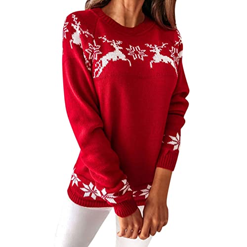 WOGQX Weihnachtspullover Damen Reindeer Rundhalsausschnitt Drucken Lange Sleeve Weihnachten Sweatshirt Jumper Weihnachtspulli Gestrickt Weihnachten Pullover Christmas Sweater,Rot,XL von WOGQX