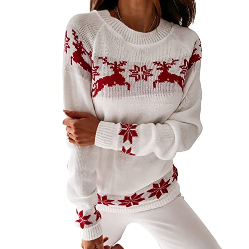 WOGQX Weihnachtspullover Damen Reindeer Rundhalsausschnitt Drucken Lange Sleeve Weihnachten Sweatshirt Jumper Weihnachtspulli Gestrickt Weihnachten Pullover Christmas Sweater,Weiß,S von WOGQX