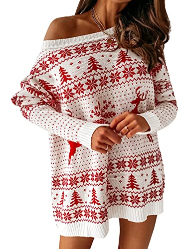 Winter Damen Weihnachtspullover Reindeer Rundhalsausschnitt Drucken Lange Sleeve Weihnachten Sweatshirt Jumper Weihnachtspulli Gestrickt Christmas Sweater Weihnachten Pullover,Weiß,S von WOGQX