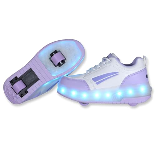 Turnschuhe mit Zwei Rädern und LED-Leuchten. Wiederaufladbar, 16 Lichteffekte. Automatisches Hinterrad. Weiß/Flieder. Größe 36 von WOHS