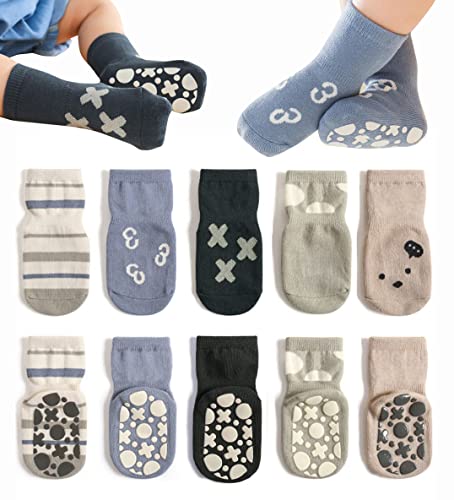 WOIRROIP 5pack Anti-Rutsch Socken für Babys, Kleinkinder aus gekämmter Baumwolle Baby Neugeborene Cartoon-Socken rutschfeste Crew-Socken für Kleinkinder (Farbe D, 1-3T) von WOIRROIP