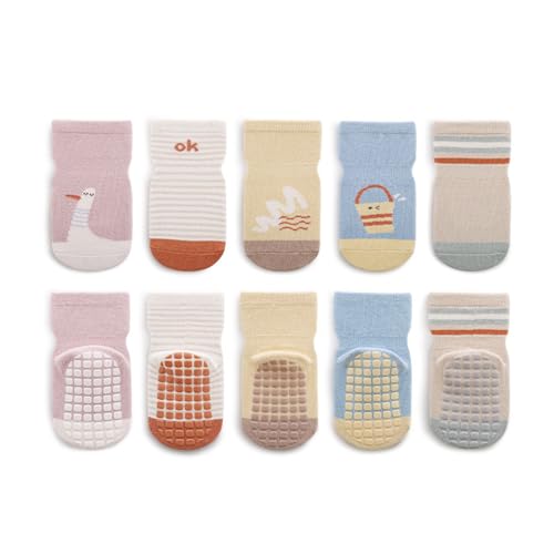 WOIRROIP 5pack Anti-Rutsch Socken für Babys, Kleinkinder aus gekämmter Baumwolle Baby Neugeborene Cartoon-Socken Rutschfeste Crew-Socken für Kleinkinder von WOIRROIP