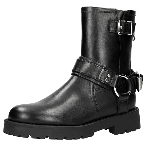 WOJAS - Damen Biker Boots, Damen Stiefeletten aus Hochwertigem Glattleder, Ankle Boots mit Massiven Schnallen, Damen Boots mit Gewagte Design, 55238-51 - Schwarz, Gr. 39 von WOJAS