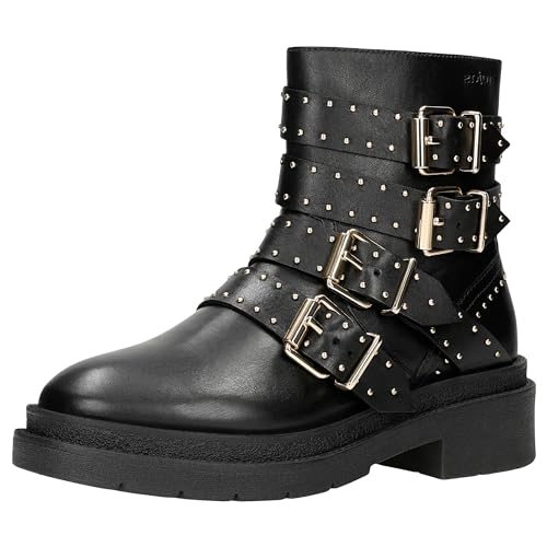 WOJAS - Damen Biker Boots, mit Silbernen Nieten, Damen Stiefeletten aus Hochwertigem Glattleder, Damenstiefeletten mit Traditionell Geschnitten, mit Reißverschluss, 55252-51 - Schwarz, Gr. 37 von WOJAS