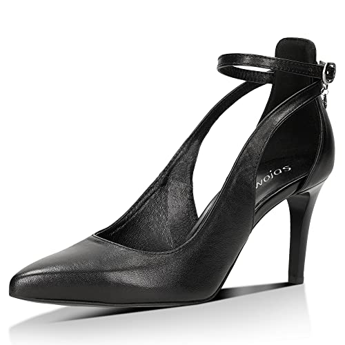 WOJAS - Damen Riemchenpumps I Pumps mit Knöchelschnalle I Hohem Stöckelabsatz I aus Robustem Glattleder I das Futter aus Ziegenleder I Dekorative Logo-Anhänger I 35018-51 - Schwarz, Gr. 37 von WOJAS