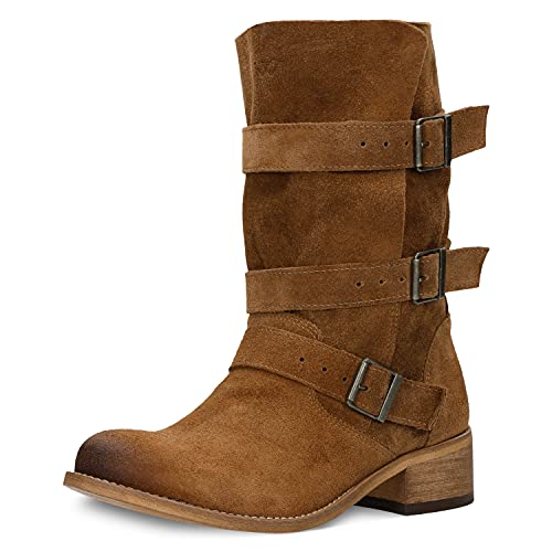 WOJAS Damen Stiefel aus Veloursleder – Schnallen Schlupfstiefel Stiefelleten Flach Absatzschuhe Boots Weiter Schaft – Braun, 55069-62, Gr. 36 von WOJAS