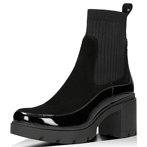 WOJAS - Damen Stiefeletten I mit Blockabsatz I Schlupfschuhe I aus Spaltleder mit Lackleder I mit Sockenschaft und Lackiertem Rand I Damenstiefeletten für Herbstwetter I 55137-81 - Schwarz, Gr. 37 von WOJAS