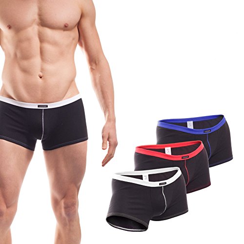 WOJOER Herren Boxer Shorts, eng anliegende Pant, 3erPack rot/blau/weiß, Designer Unterwäsche vom Innovations-Label, Made IN Germany von WOJOER