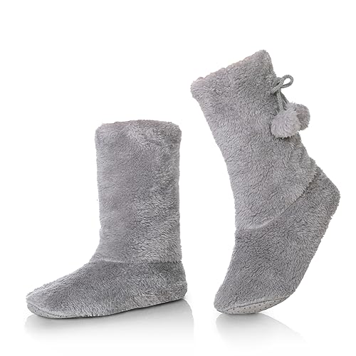 WOJWSKI Damen Hausschuhe Socken Gemütlich Warm Fuzzy Gefüttert Hausschuhe Stiefel mit Greifer Indoor Hausschuhe Haus Booties, Grau, 8-10 von WOJWSKI