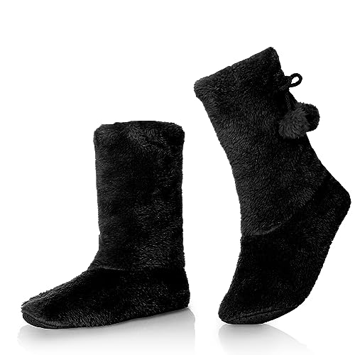 WOJWSKI Damen Hausschuhe Socken Gemütlich Warm Fuzzy Gefüttert Hausschuhe Stiefel mit Greifer Indoor Hausschuhe Haus Booties, Schwarz, 8 von WOJWSKI