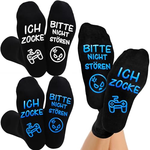 WOKICOR 2 Paar Lustige Socken Zocken, Socken mit Spruch Bitte Nicht Stören Ich Zocke, Gaming Socken Coole Geschenke für Teenager, Rutschfeste Haussocken Weihnachtsgeschenke für Damen Herren von WOKICOR