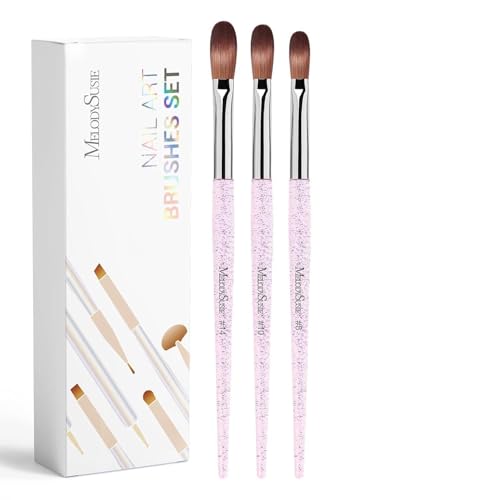 WOKICOR 3 Stück Acryl Pinsel für Nägel Set, Nagel Pinsel, Nailart Pinsel für Gelnägel, Acrylpulver, UV Gel, Größe 8/10/14, Rosa Glitzer Griff, für DIY Maniküre, Geschenkset für Frauen und Anfänger von WOKICOR