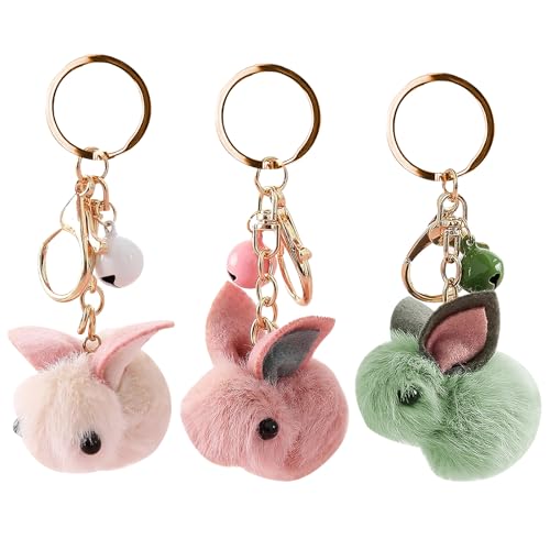 WOKICOR 3 Stück Schlüsselanhänger Hase mit Weichem Plüsch Cartoon-Design Kunstfell Kaninchen-Anhänger Süßer Weicher Plüsch-Schlüsselanhänger, Tasche Anhänger, Tier-Schlüsselanhänger (Beige Rosa Grün) von WOKICOR
