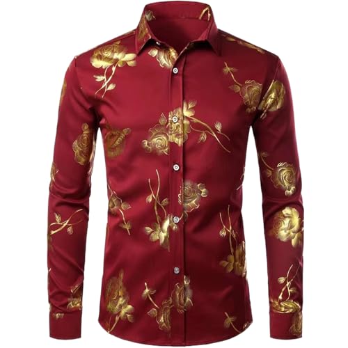 Herren Hemd Blumen Druck Revers Knopf Oberteil Langarm Hemd Kleidung Party Styles Hemden LShirts-PYA23844 L von WOLONG